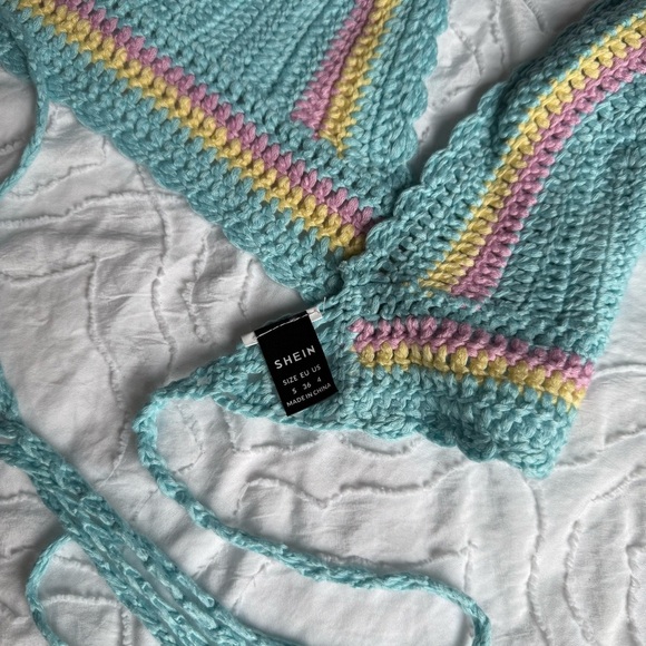 Shein Colorful Rainbow Blue Pink Yellow Crochet Bikini Crop Top Wrap Tie - Picture 4 of 4